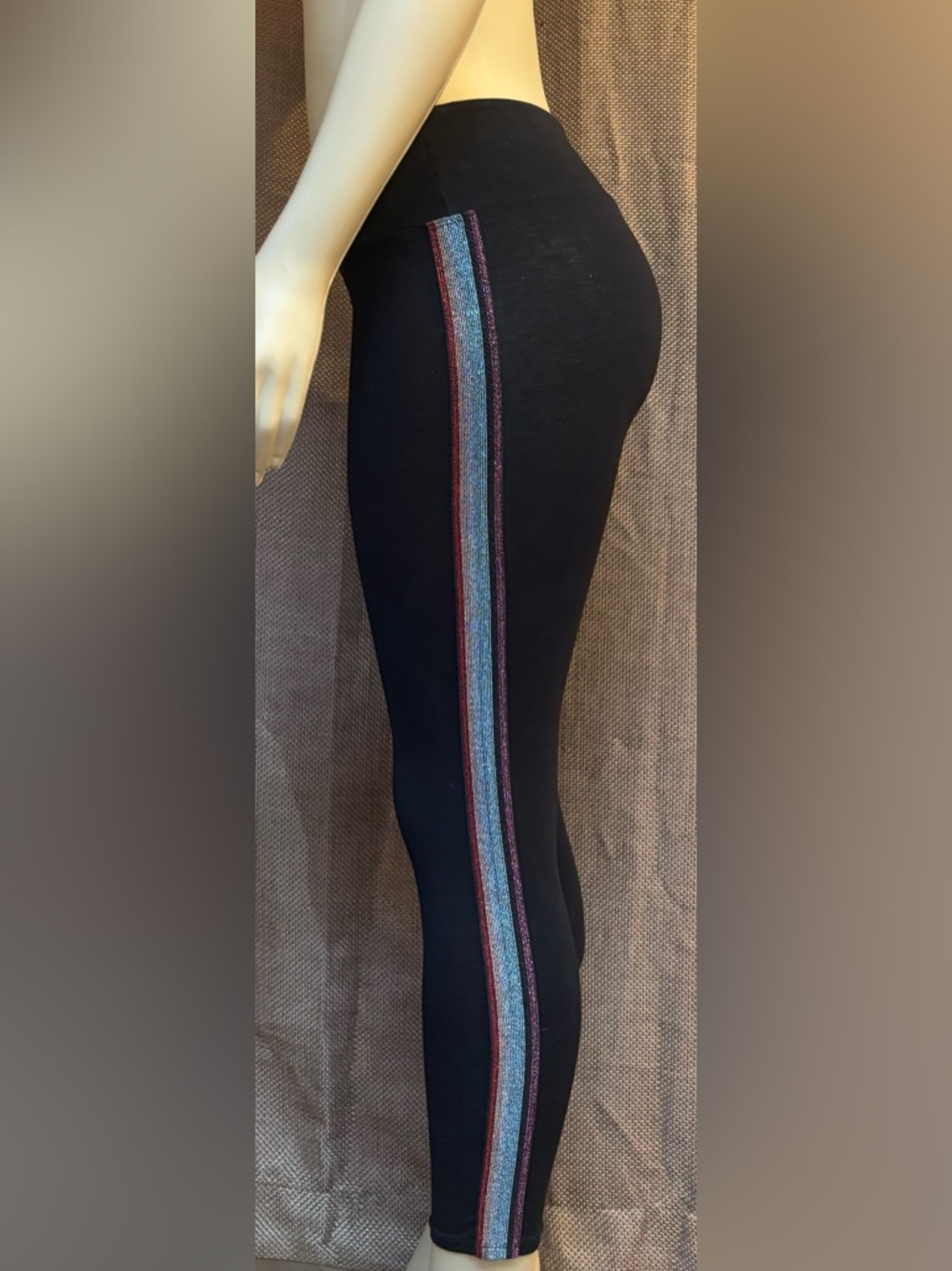 Betsey Johnson Black Performance Leggings with Metallic Side Stripe
